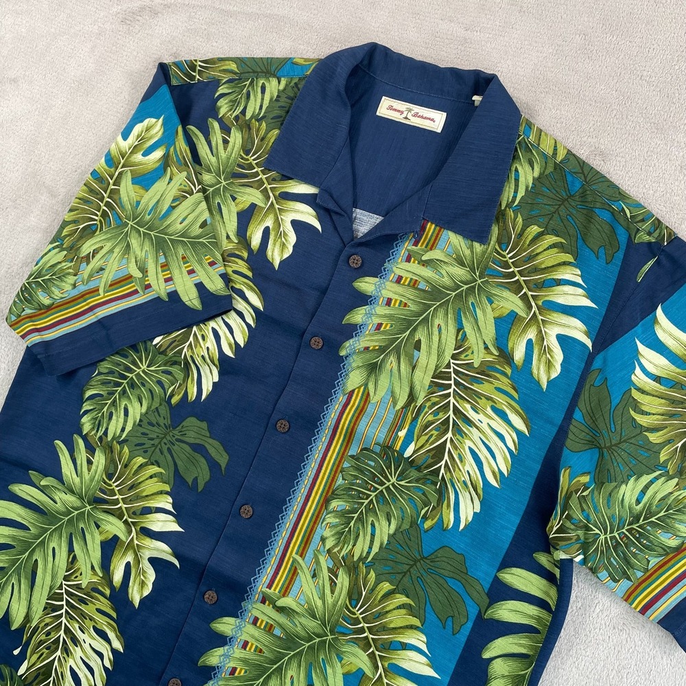 Vintage Tommy Bahama Camp Shirt Men Large Multi Palm Fronds Hawaiian Loop Collar